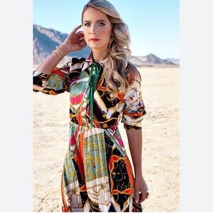 Dalia MacPhee Midi Floral Print Dress Pleated Detailing Ling Sleeves NWOT